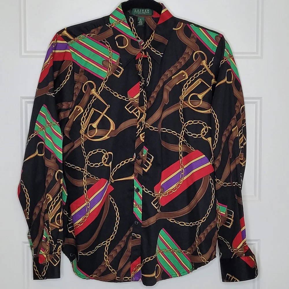 Lauren Ralph Lauren L Petite Black Horse Bit All Over Print Button Up Shirt - Picture 1 of 3